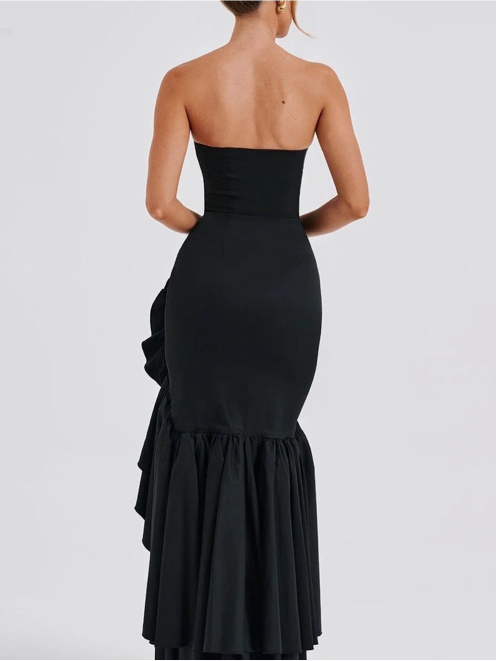 Strapless Black Ruffled High-Low Evening Gown - Picture 2 of 4
